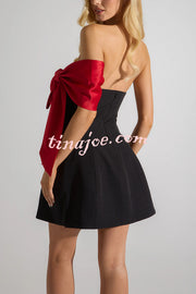 The Best Gift Satin Contrast Color Bow Detail Off Shoulder Mini Dress