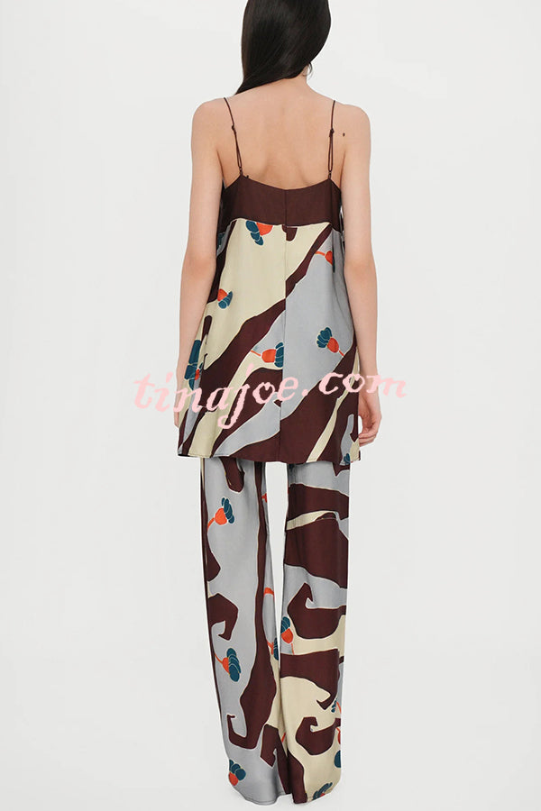 Loving Views Satin Unique Print a-line Tank and Elastic Waist Loose Pants Set