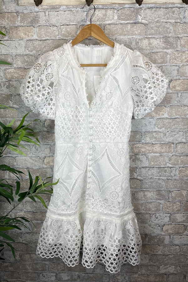 Sweet Valor Crochet Lace Puff Sleeve Button Up Mini Dress