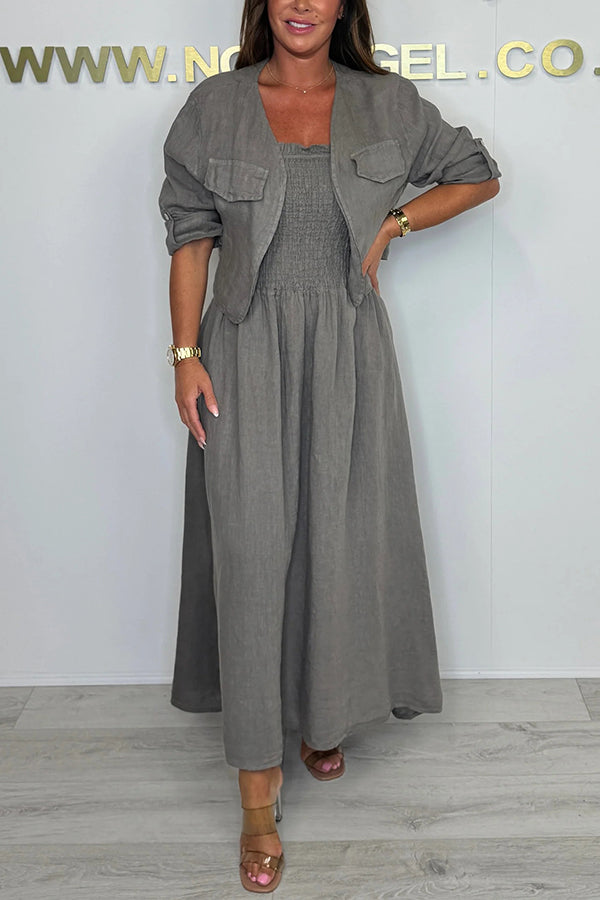 Solid Color Casual Short Jacket and Suspender Pleated Maxi Dress Set