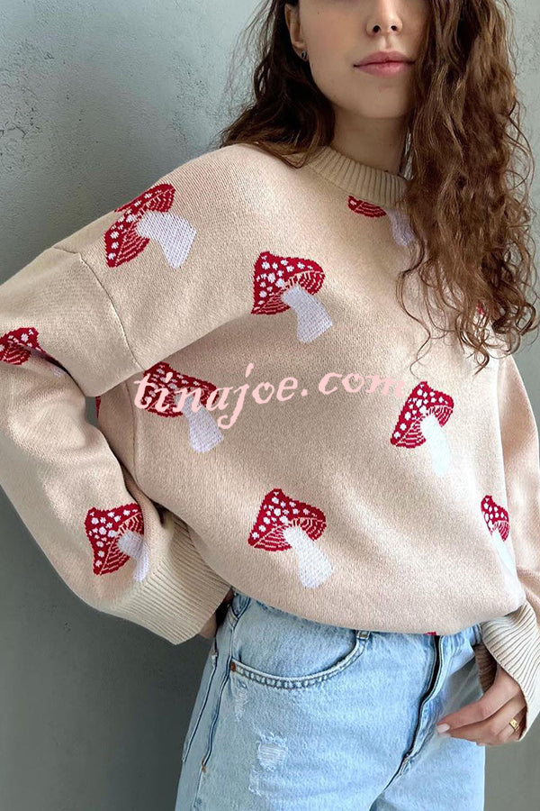 Mushroom Pattern Casual Loose Round Neck Knitted Sweater