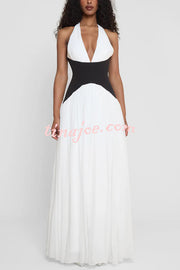 Fashionable Color Matching Sexy Halter Neck Waist Maxi Dress