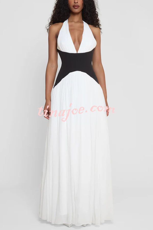 Fashionable Color Matching Sexy Halter Neck Waist Maxi Dress