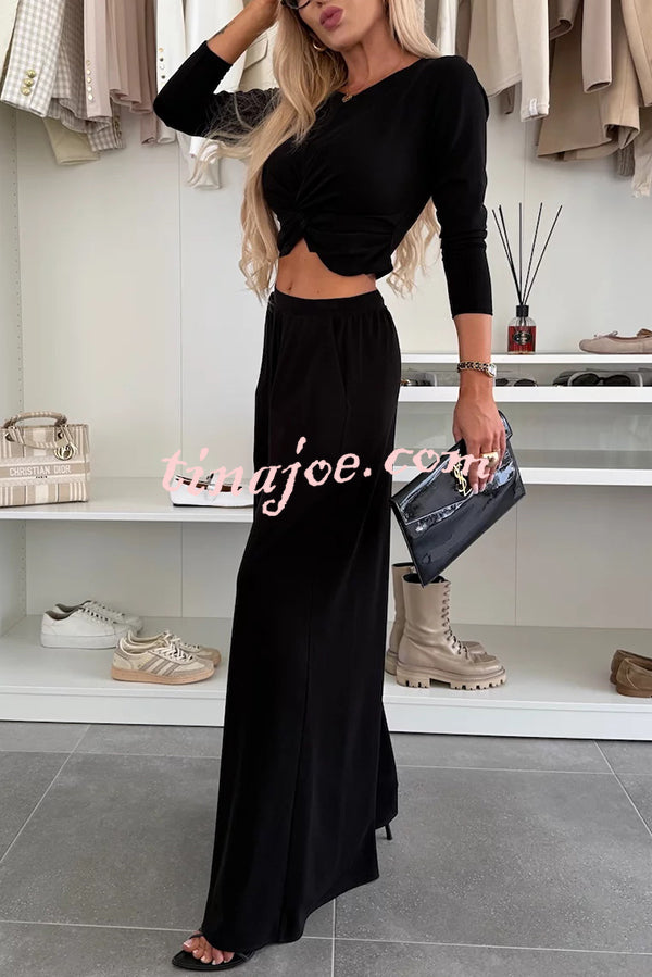 Solid Color Round Neck Long Sleeve Twist Crop Top and Elastic Waist Pocket Wide Leg Pants Set