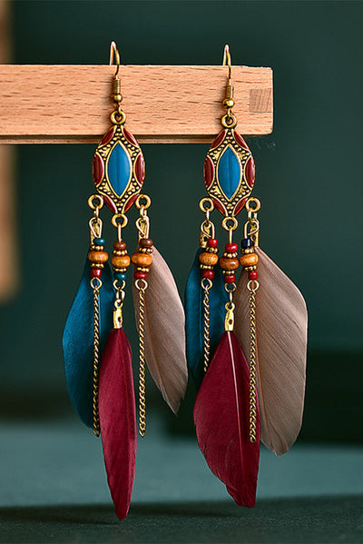 Boho Vintage Colorful Feather Tassel Dangle Drop Earrings