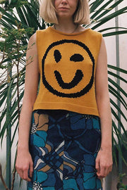 Always Happy Face Knit Unique Pattern Versatile Loose Tank Top