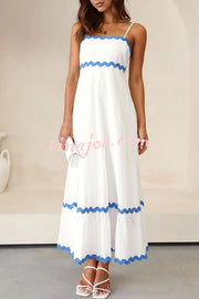 Bayside Beauty Wave Trim Patchwork Back Smocked Suspender Maxi Dress