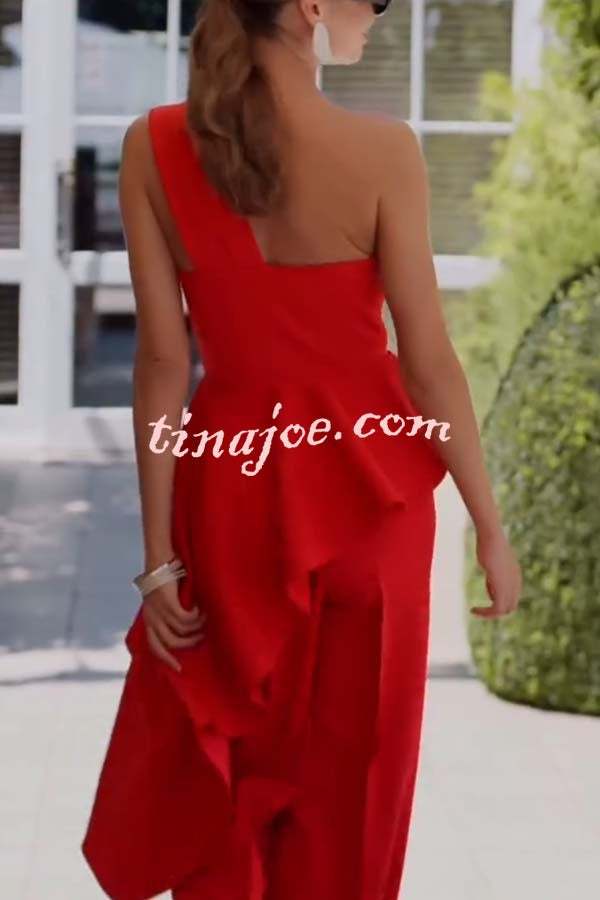 Amena One Shoulder Sweetheart Neck Ruffle Hem Top and Elastic Waist Pocket Wide Leg Pants Set
