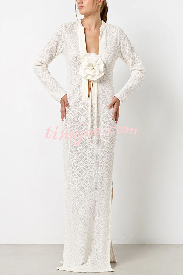 Spanish Breeze Lace Deep V-neck Removable Flowers Long Sleeve Slit Vacation Maxi Dress