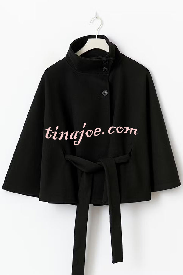 Fashionable Stand Collar Button Waist Tie Loose Cape