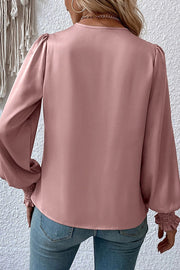 Satin Solid Color V-neck Lantern Sleeve Elegant Loose Shirt