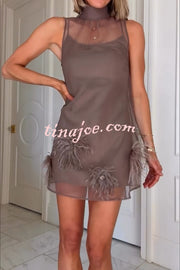 Playful Charm Sheer Chiffon Embellished Feather Back Bow H-line Mini Dress