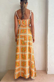 Orange Summer Printed Linen Blend Cutout Tie-up Design Maxi Dress