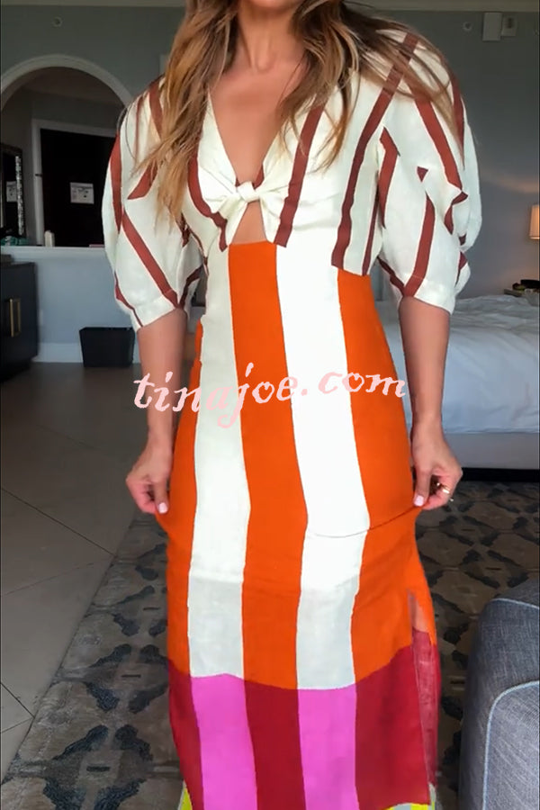 Kaya Linen Blend Color Block Print Front Cutout Knot Puff Sleeve Maxi Dress