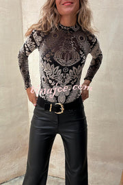 Antarey Velvet Mesh Unique Pattern Long Sleeve Stretch Bodysuit