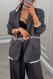 Fashion Sports Style Ribbed Colorblock Lapel Blazer and Elastic Waist Pocket Loose Pants Set
