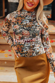 Floral Print Turtleneck Long Sleeve Stretch Bottoming Shirt