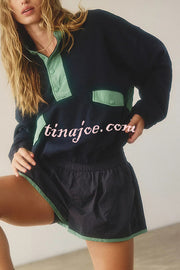 Fashion Contrast Color Stitching Stand Collar Long Sleeve Top and Elastic Waist Loose Pocket Shorts Set