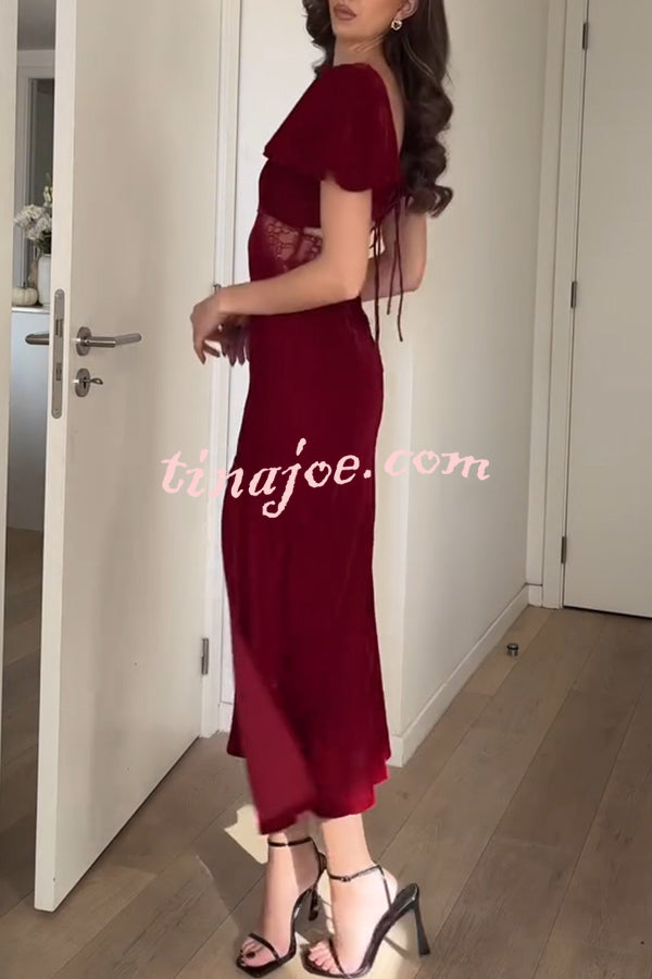 Yumi Velvet Lace Patchwork Bell Sleeve Back Lace-up Slit Midi Dress