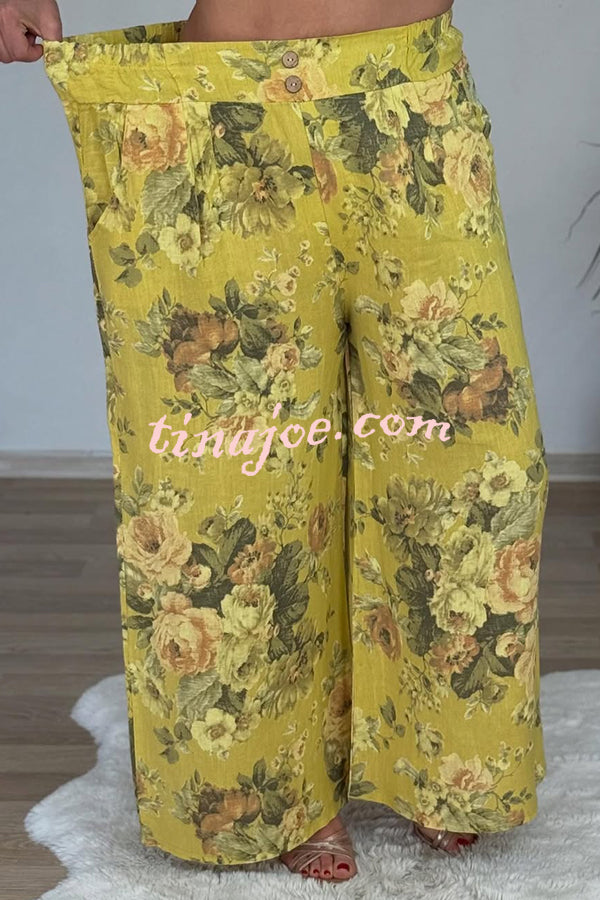 Linen Blend Crew Neck Long Sleeve Irregular Loose Top and Elastic Waist Floral Print Casual Pocket Set