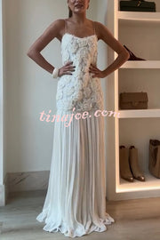 Indulge in Floral Applique Pleated Chiffon Hem Slip Maxi Dress