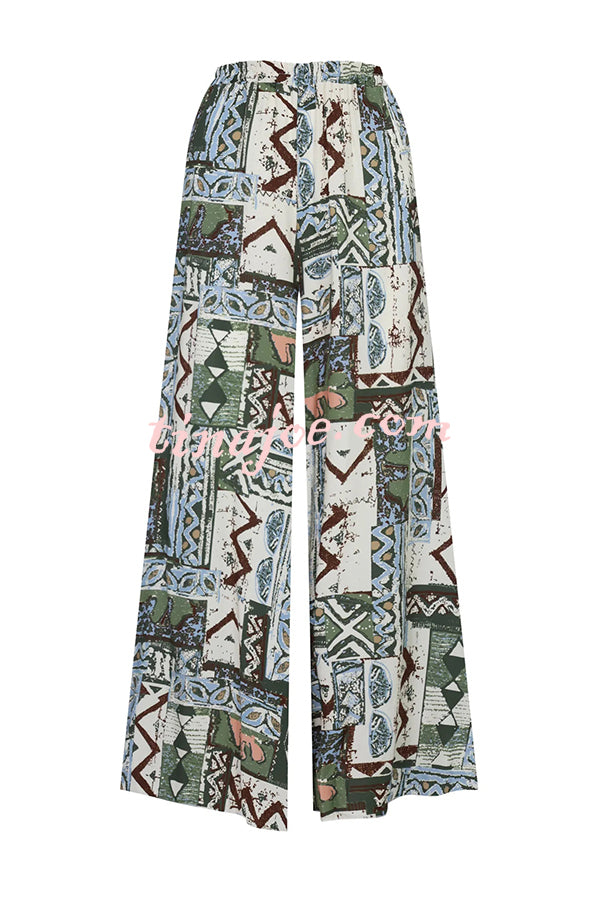 Terrace View Off Shoulder Tie Loose Top and Elastic Waist Unique Print Loose Pants Set