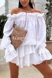 Arnell Linen Blend Off Shoulder Balloon Sleeve Shirt and Elastic Waist Layered Shorts Set