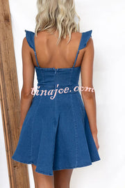 Sweet Secret Denim Square Neck Ruffle Sleeve Stretch Mini Dress