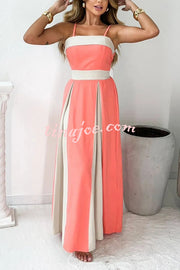 Fashion Contrast Color Sling Back Pleated Lace Up Maxi Dress