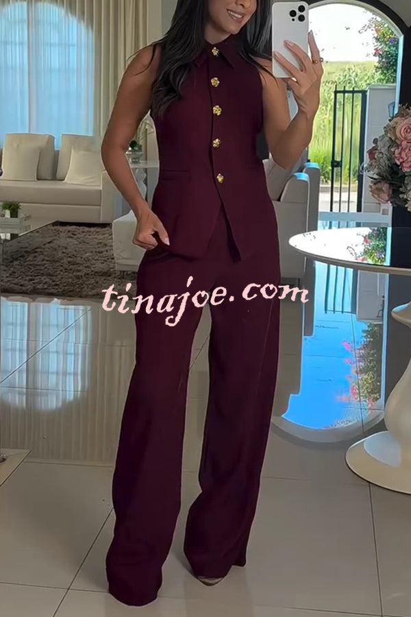 Fashion Lapel Sleeveless Button Vest and Casual Straight-leg Suit Pants Set