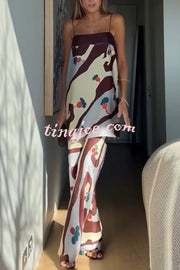 Loving Views Satin Unique Print a-line Tank and Elastic Waist Loose Pants Set