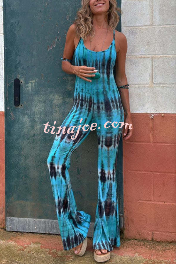 Exclusive Style Tie-dye Print Backless Tie-up Stretch Flared Jumpsuit