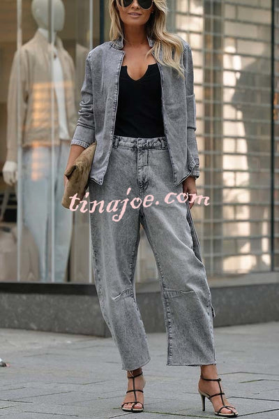 Casual Meetup Washed Denim Mid Rise Pocketed Barrel Jeans