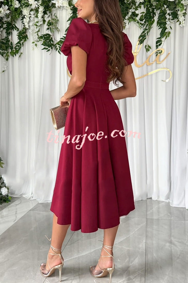 Zayla Solid Color Puff Sleeve V-neck Waist Slim Fit Midi Dress