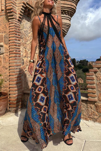 Unique Printed Suspender Pocket Full Hem Loose Holiday Maxi Dress