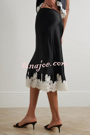 Celebration Look Contrast Color Satin Lace Trim Elastic Waist Drape Midi Skirt