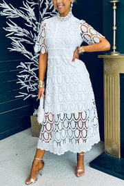 Elegant Crocheted Cutout Lace Short-sleeved Stand-collar Midi Dress