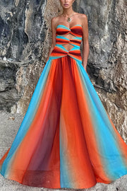 Sardinia Sunset Mesh Printed Twist Cutout Off Shoulder Vacation Maxi Dress