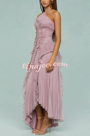 Dream Ode Lily Pad Style Pleats and Ruffles Halter Gown Maxi Dress