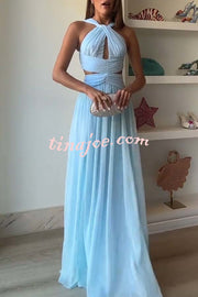Graceful Modern Chiffon Twist Halter Neck Cutout Pleated Maxi Dress