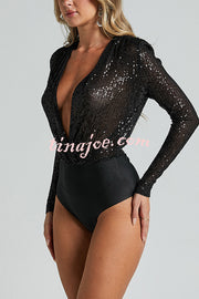 Alora Sequin Wrap Front Plunge Neck Long Sleeve Bodysuit