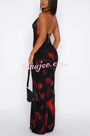 Fashion Printed Halter Neck Backless Lace-Up Sexy Slim Maxi Dress