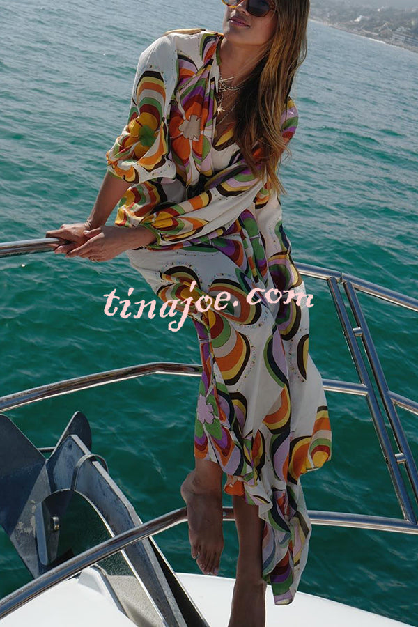 Boat Days Unique Print Balloon Sleeve Pocketed Loose Robe Maxi Dress