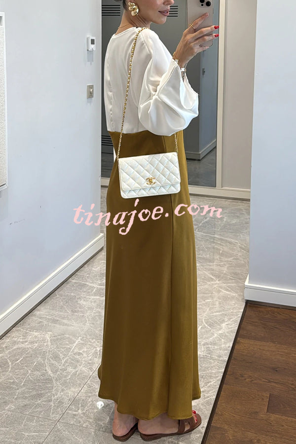 Lainei Contrast Color Satin Lace Trim V-neck Long Sleeve Maxi Dress
