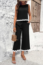 Wave Trimmed Round Neck Buttoned Elastic Waist Pants Suit