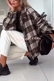 Fashion Plaid Print Lapel Long Sleeve Loose Zipper Jacket