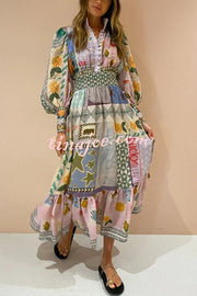 Playfully Chic Unique Print Balloon Sleeve Smocked Waist Shirt Midi Dress