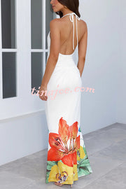 Floral Print Sexy Halterneck Open Back Pleated Slim Maxi Dress