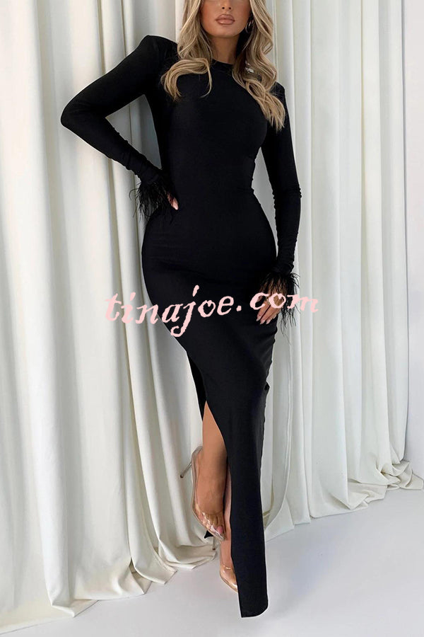 Solid Color Round Neck Ostrich Feather Long Sleeve Slim Maxi Dress