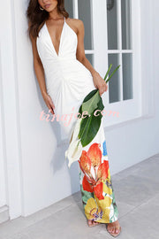 Floral Print Sexy Halterneck Open Back Pleated Slim Maxi Dress